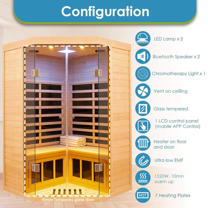 Thermora 2-Person Corner Infrared Sauna (Canadian Hemlock, Low-EMF)