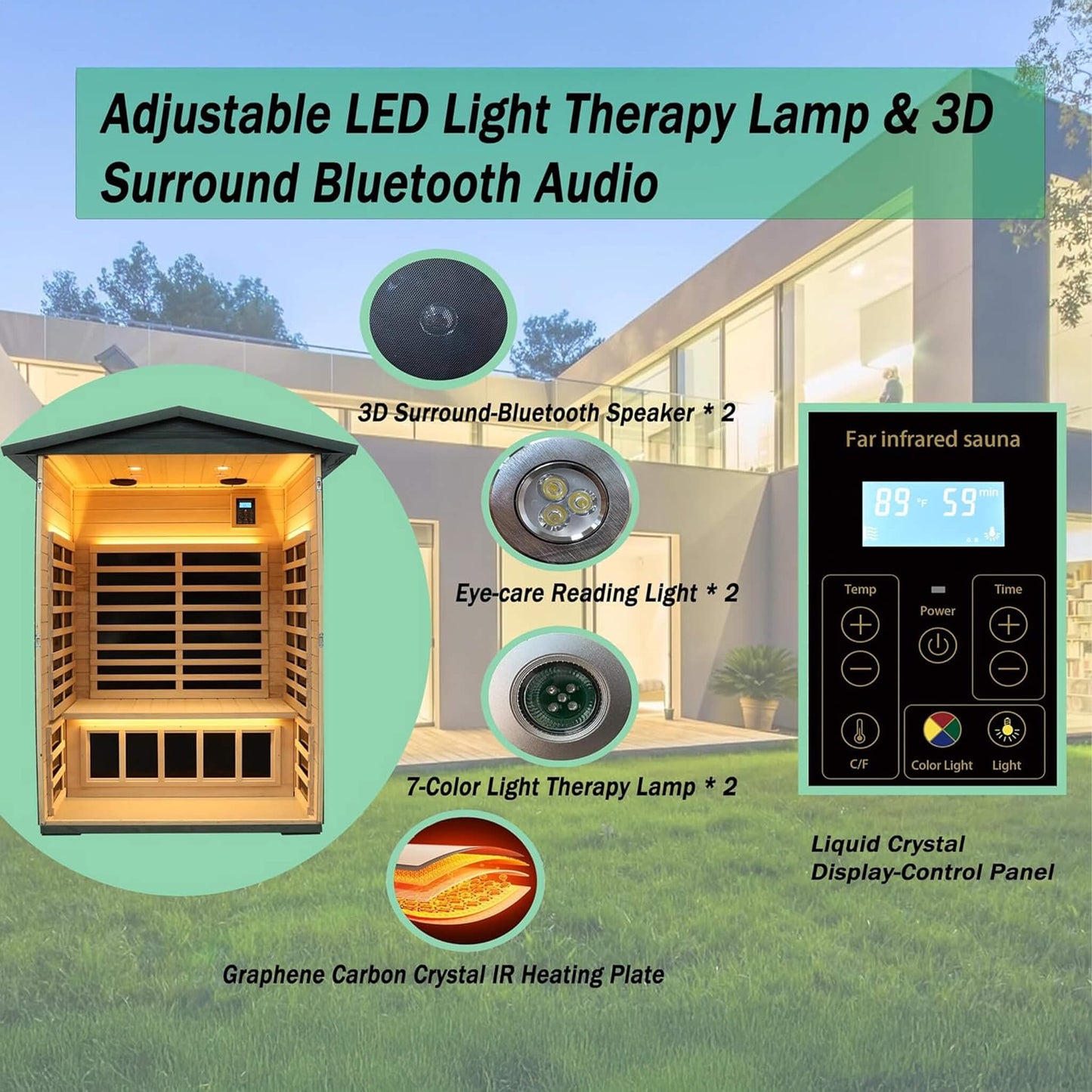 Backyard infrared sauna with chromotherapy lighting