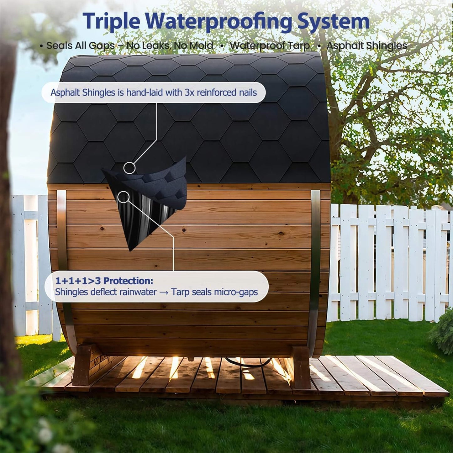 Two-person outdoor pinewood sauna with weatherproof roof