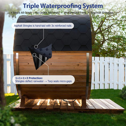 Two-person outdoor pinewood sauna with weatherproof roof
