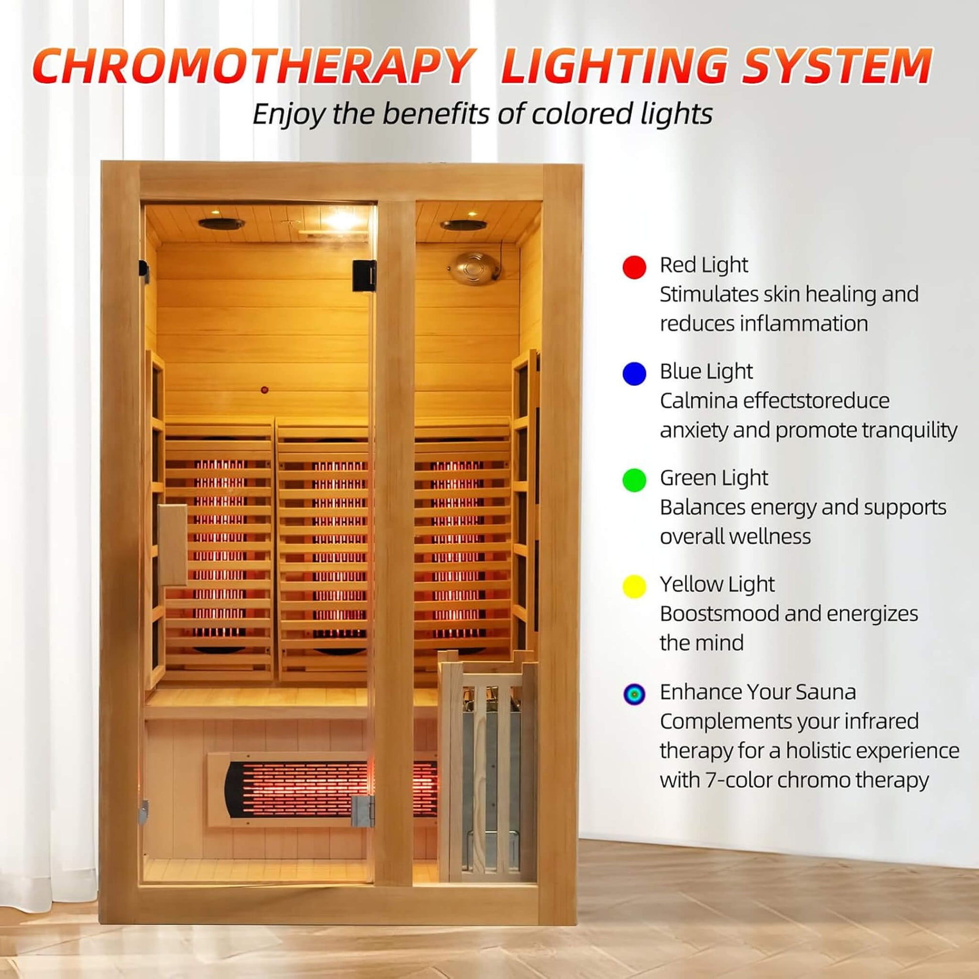 Wooden sauna with chromotherapy lighting system text and color benefits.