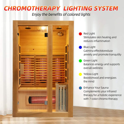 Wooden sauna with chromotherapy lighting system text and color benefits.