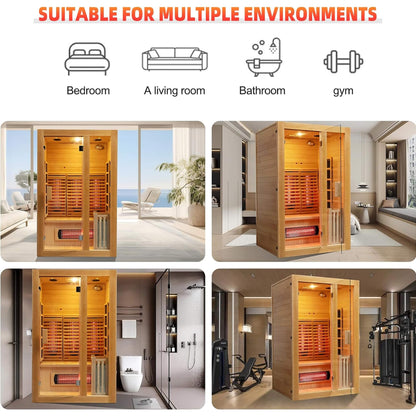 Infrared sauna suitable for multiple environments including bedroom, living room, bathroom, and gym.