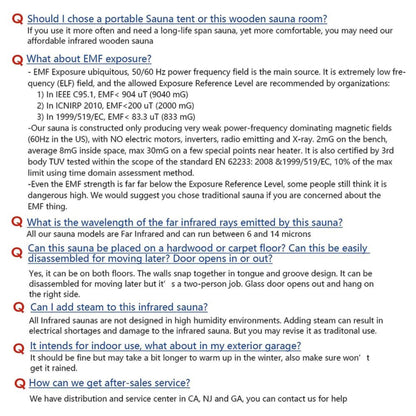 Text-based Q&A section about a sauna with various questions answered.
