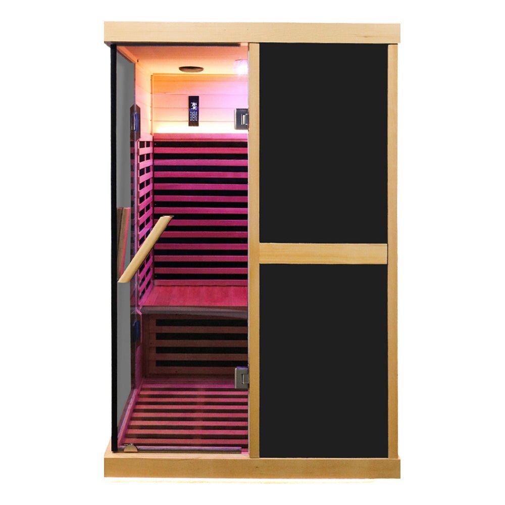Large infrared sauna room with ambient lighting and bluetooth audio